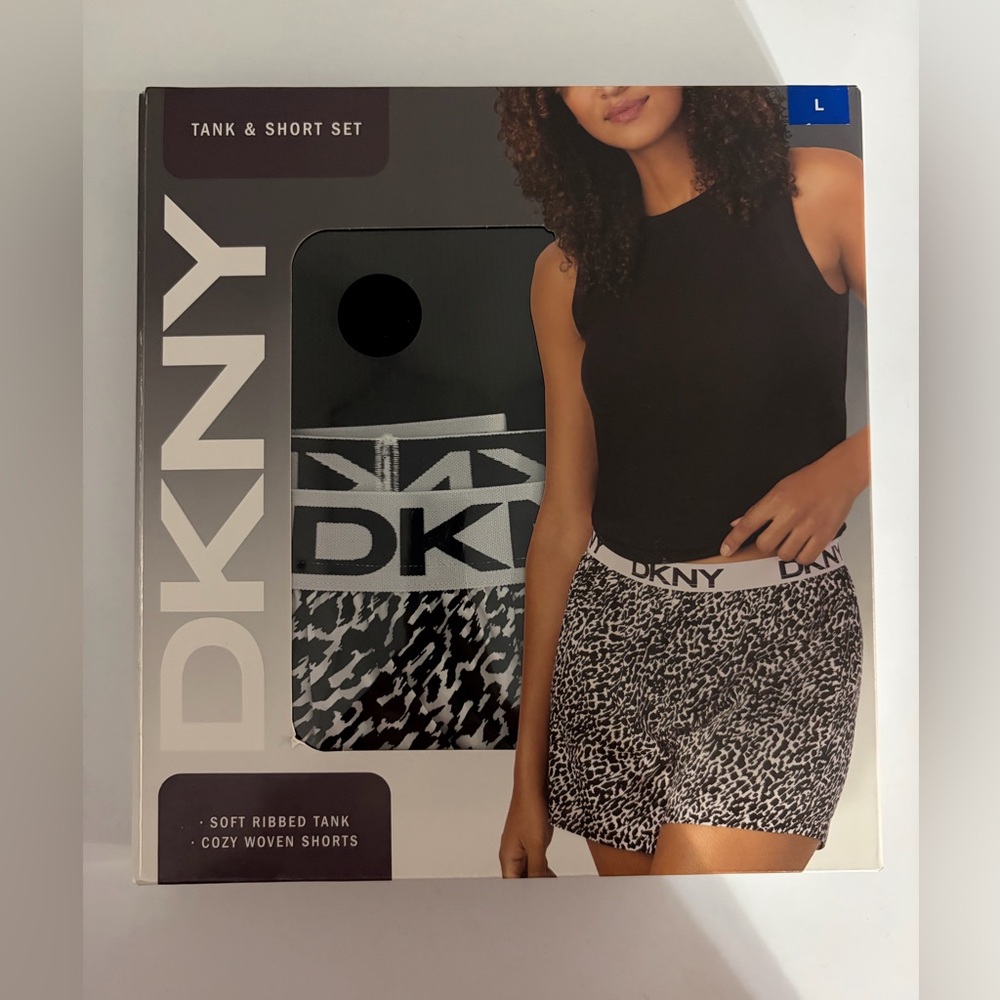 NWT DKNY L Soft Ribbed Tank & Cozy Woven Shorts Black Leopard Lounge Set